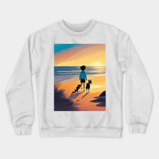 child playing with a dog on the beach. Crewneck Sweatshirt